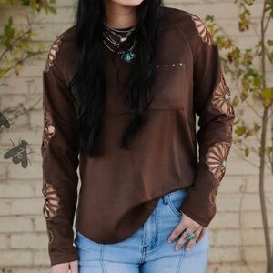 Brown Long Sleeve Women's Top Small Turquoise Western